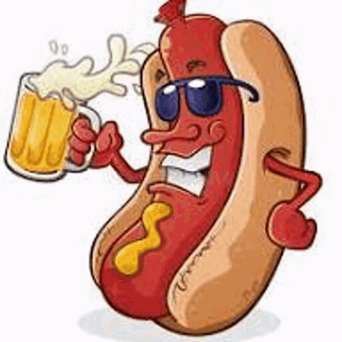 A Hot Dog Wearing Sunglasses And Holding A Mug Of Beer . GIF