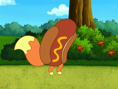 A Hot Dog With A Yellow Swirl On It GIF