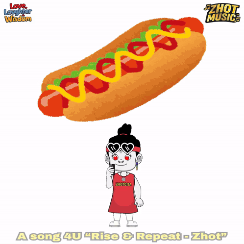 A Hot Dog With Ketchup And Mustard Next To A Cartoon Character Wearing A Zhot Shirt GIF