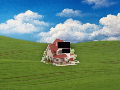 A House In The Middle Of A Grassy Field With A Black Square In The Middle GIF