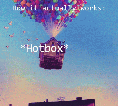 A House Is Being Lifted In The Air By Balloons With The Words How It Actually Works * Hotbox * Below It GIF