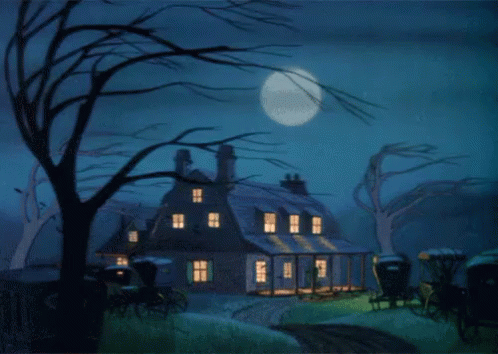 A House Is Lit Up At Night With A Full Moon In The Sky GIF