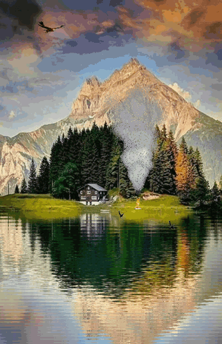 A House On A Small Island In The Middle Of A Lake With Mountains In The Background GIF