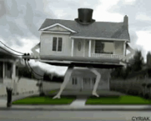 A House With A Top Hat On Top Of It Is On Stilts . GIF