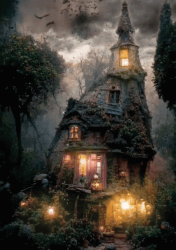 A House With A Tower On Top Of It In The Middle Of A Dark Forest GIF