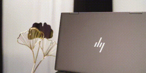 A Hp Laptop Is Sitting On A Desk Next To A Vase Of Flowers GIF