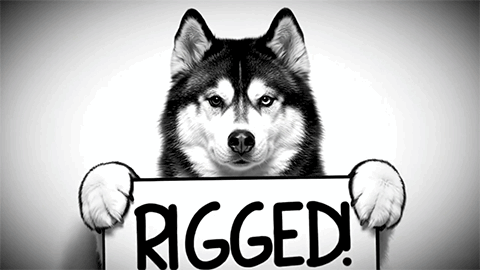 A Husky Dog Holds A Sign That Says " Rigged " GIF
