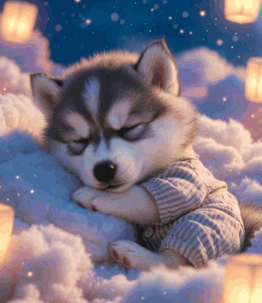 A Husky Puppy In Pajamas Is Sleeping On A Cloud GIF