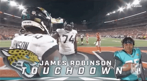 A James Robinson Touchdown Is Being Displayed On A Football Field . GIF