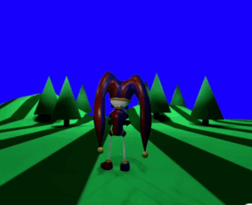 A Jester Cartoon Character Is Standing In Front Of Trees GIF