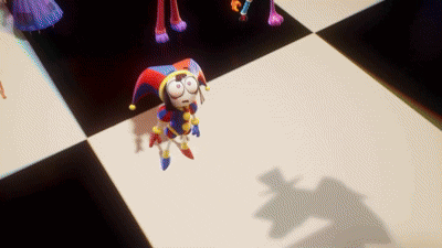 A Jester Is Standing On A Checkered Floor Next To A Shadow Of A Top Hat . GIF