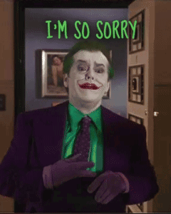 A Joker Says I 'M So Sorry While Wearing A Purple Suit And Tie GIF