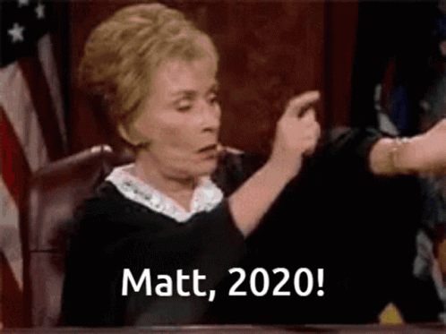A Judge Is Sitting At A Desk And Pointing At Someone With The Words Matt , 2020 Written On The Screen . GIF