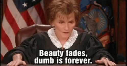 A Judge Is Sitting At A Desk In Front Of An American Flag And Says `` Beauty Fades , Dumb Is Forever '' . GIF