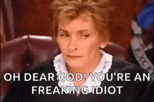 a judge is sitting in a courtroom and says `` oh dear god ! you 're an freaking idiot ''