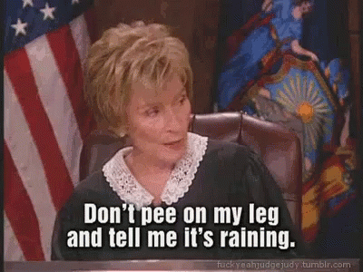 A Judge Says " Don 'T Pee On My Leg And Tell Me It 'S Raining " In Front Of An American Flag . GIF