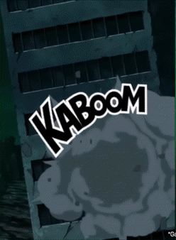 A Kaboom Logo Is Displayed In Front Of A Destroyed Building GIF