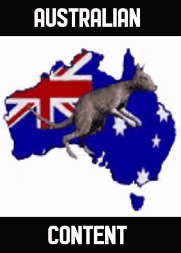 A Kangaroo Is Jumping Over A Map Of Australia With The Australian Flag Behind It . GIF