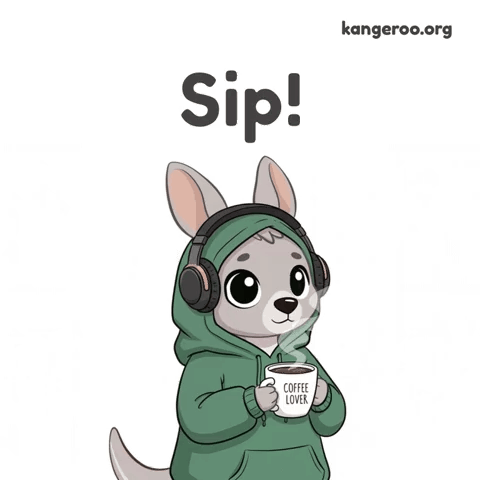 A Kangaroo Wearing Headphones Is Holding A Cup Of Coffee That Says Coffee Lover On It GIF