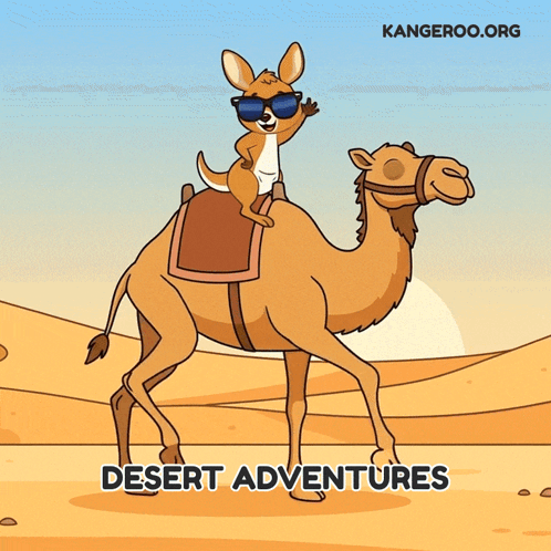 A Kangaroo Wearing Sunglasses Is Riding On The Back Of A Camel In The Desert GIF