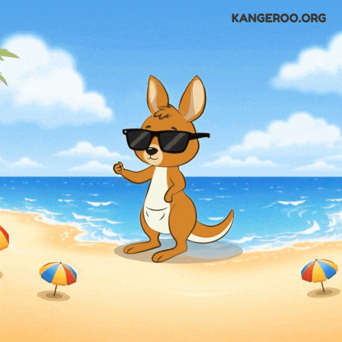 A Kangaroo Wearing Sunglasses Is Standing On A Beach Next To Umbrellas GIF