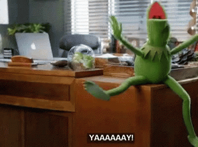 A Kermit The Frog Is Sitting On A Desk With His Legs Crossed And A Watermelon On His Head . GIF