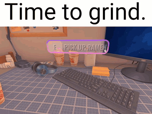 A Keyboard Sits On A Desk Next To A Computer Screen That Says " Time To Grind " GIF