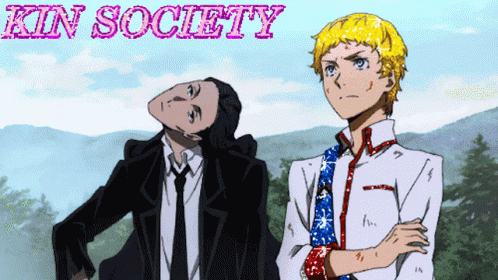 A Kin Society Poster With Two Anime Characters GIF