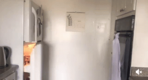 a kitchen with a calendar hanging on the wall and a sound button on the counter