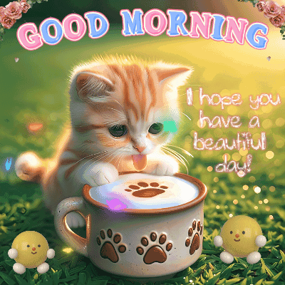 A Kitten Drinking From A Cup Of Coffee With The Words Good Morning Written On It GIF