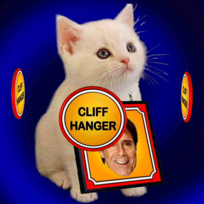 A Kitten Is Holding A Sign That Says Cliff Hanger On It GIF