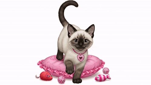 A Kitten Is Playing With A Fish On A Pink Pillow GIF