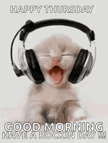A Kitten Wearing Headphones Is Yawning And Saying `` Happy Thursday Good Morning Have A Rockin Day ! '' GIF