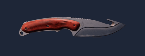 a knife with a wooden handle and a stainless steel blade is against a blue background