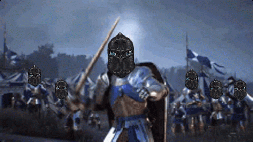 A Knight Holding A Sword And Shield Stands In Front Of A Group Of Soldiers GIF