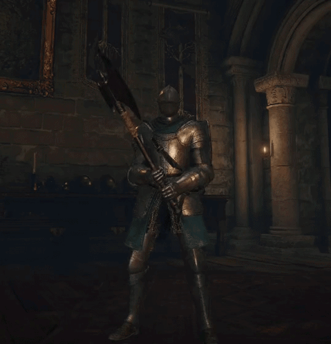 A Knight In Armor Is Holding A Large Sword In A Dark Room GIF