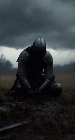 A Knight In Armor Is Kneeling Down In The Grass GIF