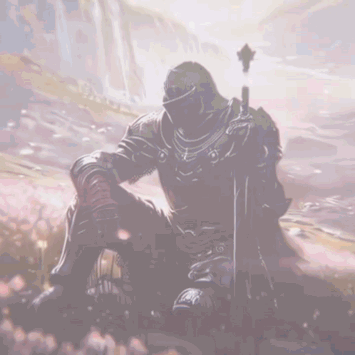 A Knight In Armor Is Kneeling Down With A Sword In His Hand GIF