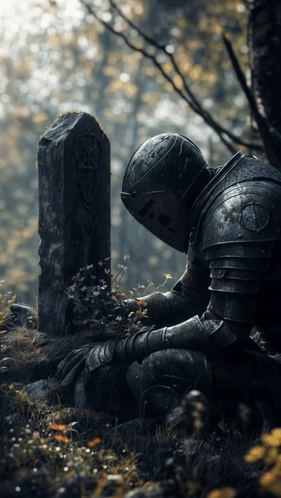 A Knight In Armor Kneeling In Front Of A Gravestone GIF