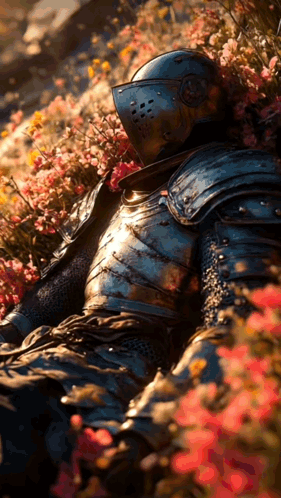 A Knight In Armor Laying In A Field Of Flowers GIF