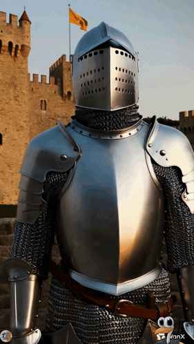 A Knight In Armor Stands In Front Of A Castle With A Flag In The Background GIF