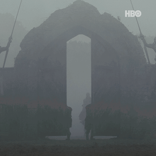 a knight riding a horse in a foggy area with hbo written on the bottom