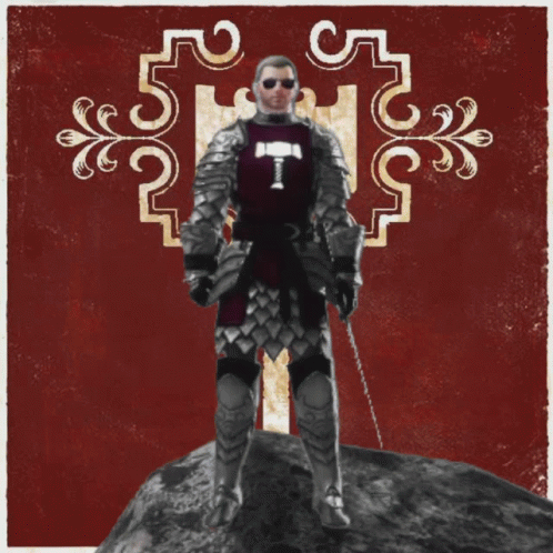 A Knight With A Hammer On His Chest Is Standing On A Rock GIF