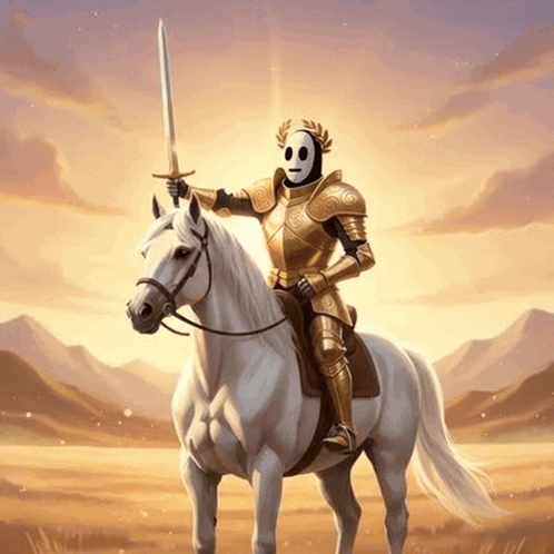 A Knight With A Mask On His Face Is Riding A White Horse GIF