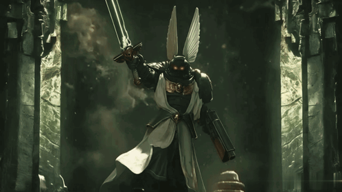Winged Knight Holding Sword And Gun GIF