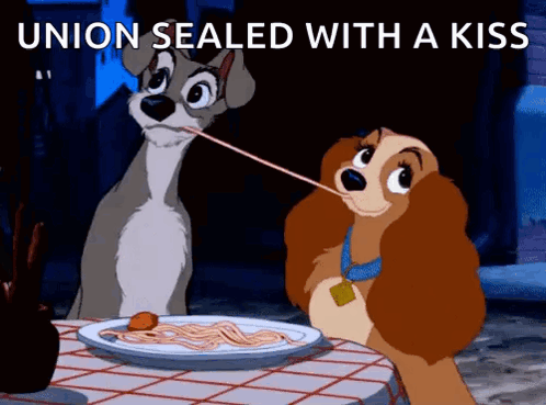 A Lady And The Tramp Cartoon With A Caption That Says " Union Sealed With A Kiss " GIF