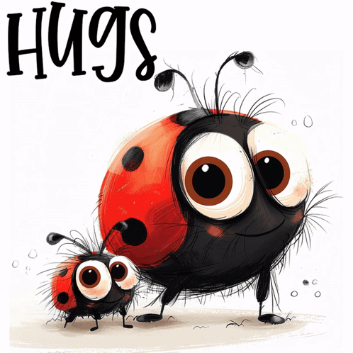 A Ladybug And A Baby Ladybug Are Standing Next To Each Other With The Words Hugs Above Them GIF