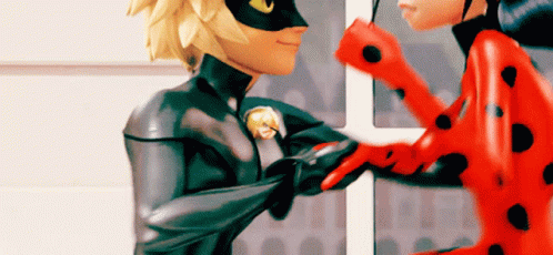 A Ladybug And Cat Noir Are Holding Hands In Front Of A Door GIF