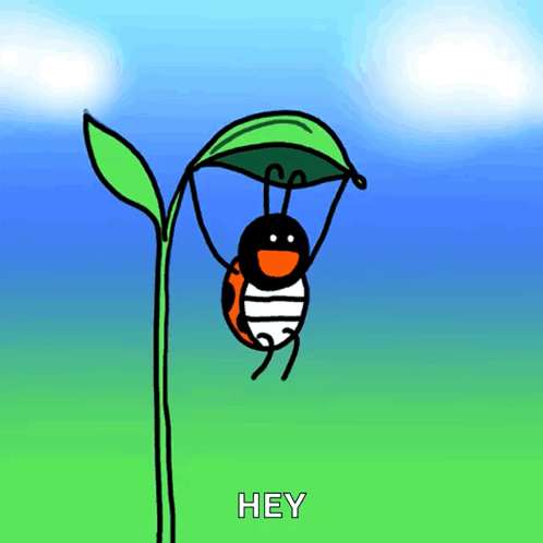 A Ladybug Hanging From A Green Leaf With The Word Hey Below It GIF