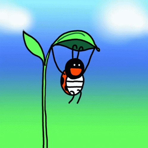 A Ladybug Is Hanging From A Green Plant With A Parachute GIF